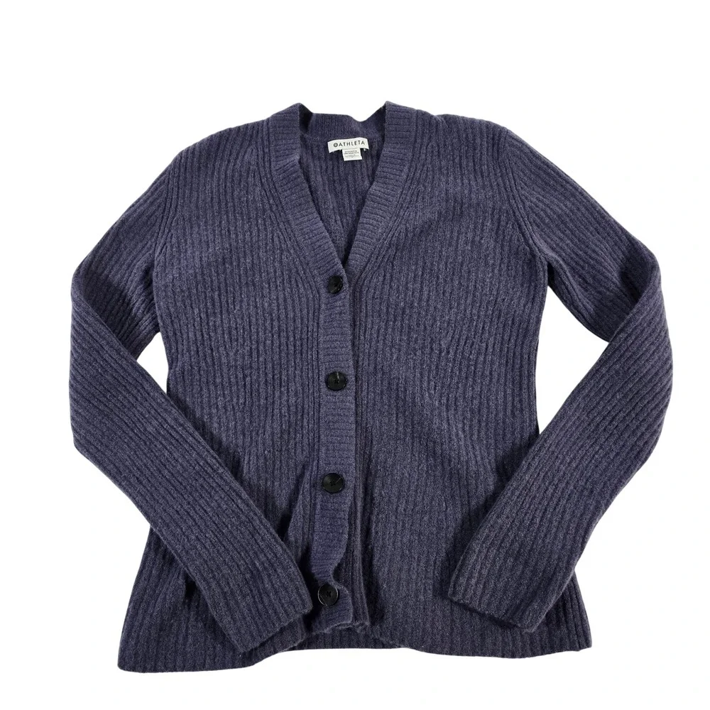 Athleta Purple Ribbed V-Neck Cardigan‎ Button Front Knit Women Small Merino Wool